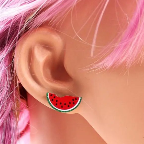 Palestine Watermelon Stud Earrings UV Print Green Glitter Earrings - Picture 3 of 3